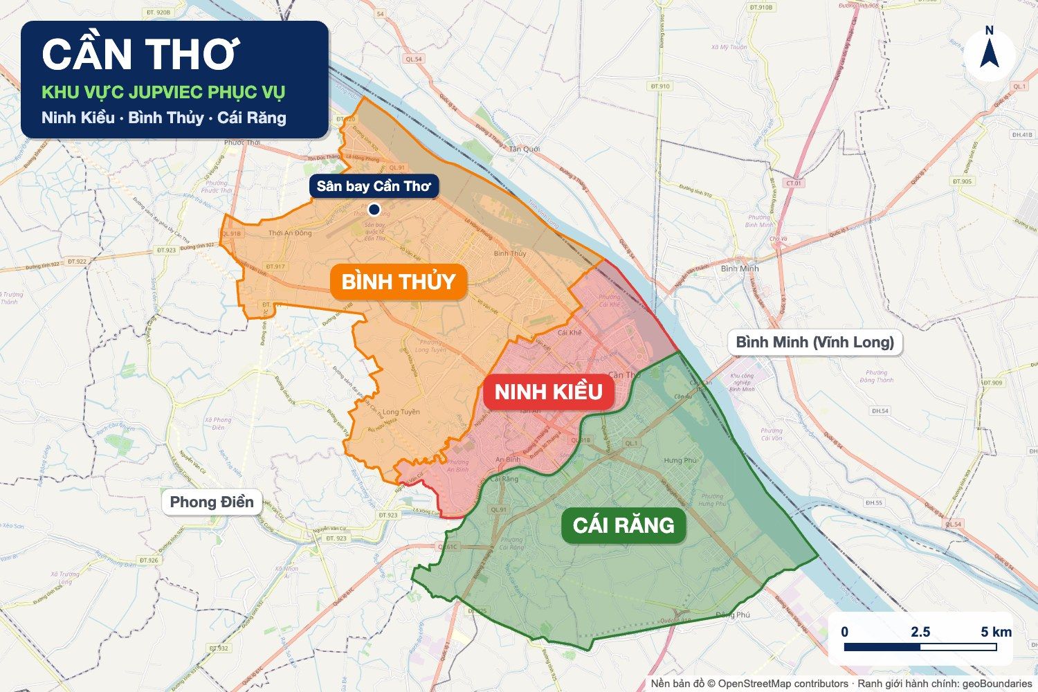 Bản đồ khu vực JupViec phục vụ tại Cần Thơ: Ninh Kiều, Bình Thủy, Cái Răng