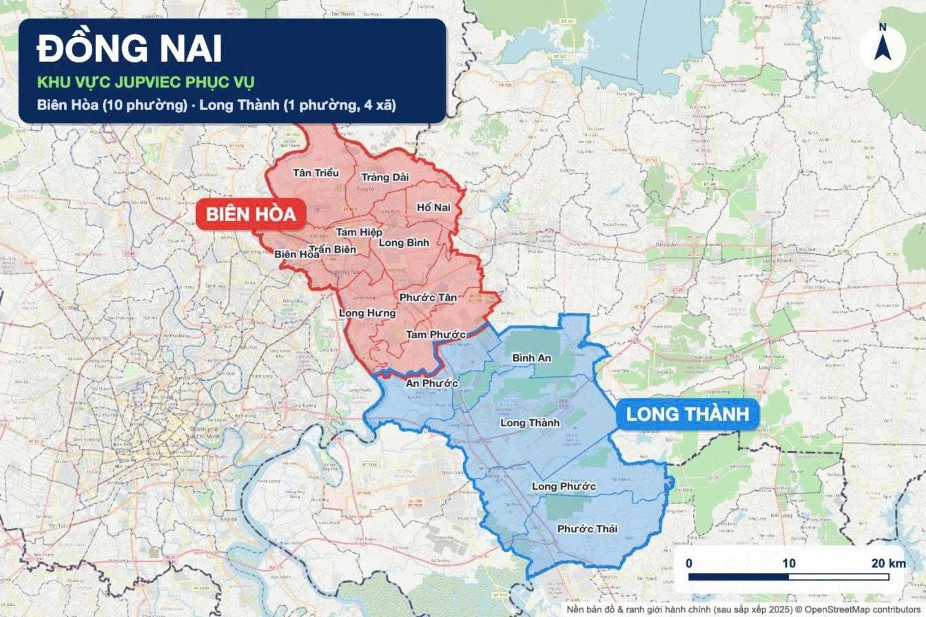 Bản đồ khu vực JupViec phục vụ tại Đồng Nai, giai đoạn đầu ưu tiên khu vực trung tâm và đông dân cư