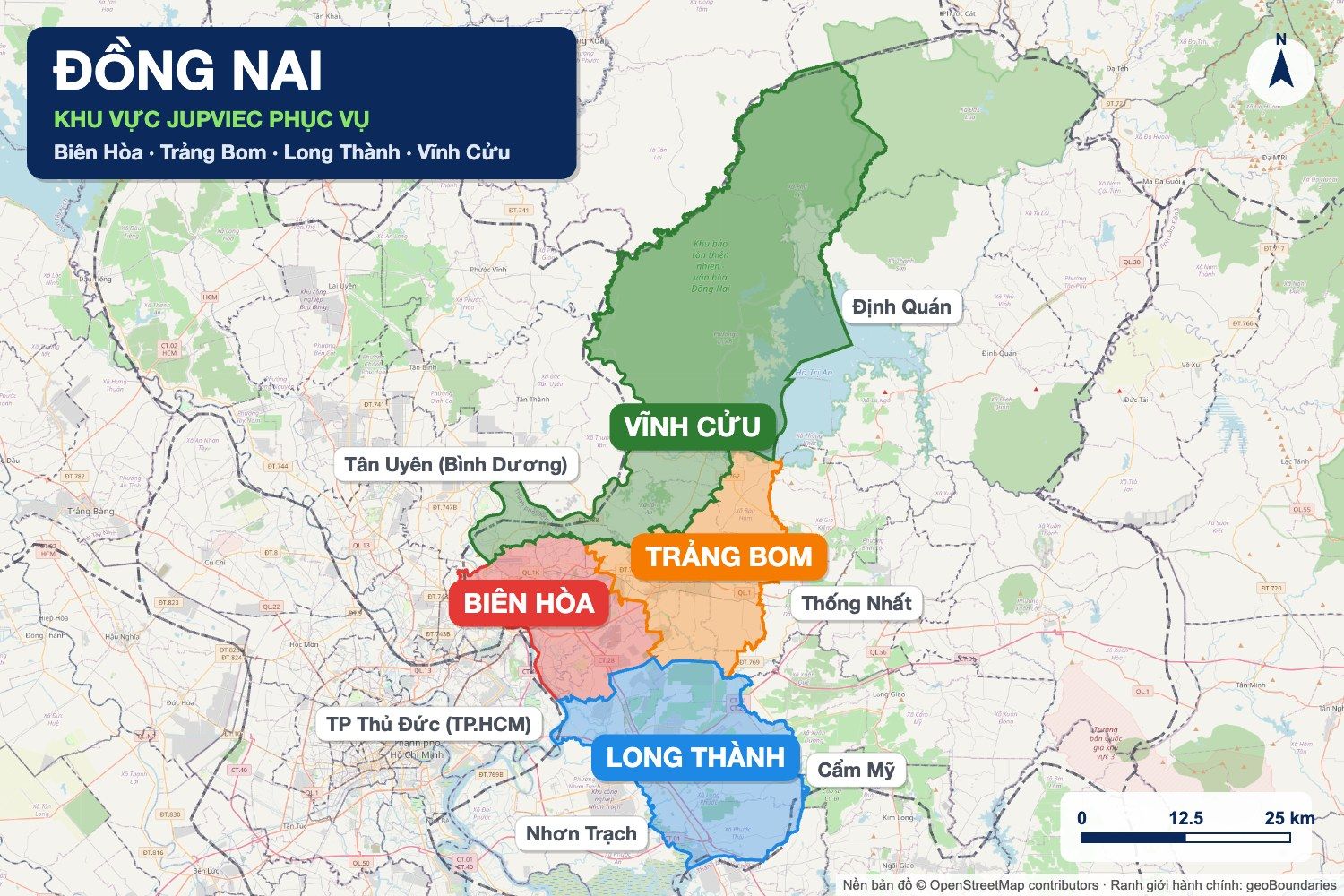 Bản đồ khu vực JupViec phục vụ tại Đồng Nai: Biên Hòa, Trảng Bom, Long Thành, Vĩnh Cửu