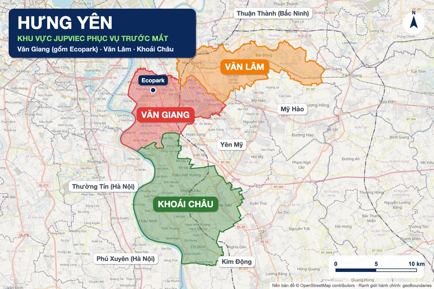 Bản đồ khu vực JupViec phục vụ trước mắt tại Hưng Yên: Văn Giang (gồm Ecopark), Văn Lâm, Khoái Châu