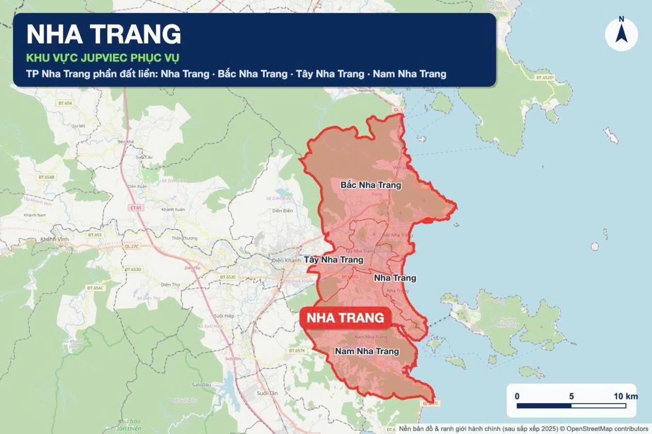 Bản đồ khu vực JupViec phục vụ tại Nha Trang, giai đoạn đầu ưu tiên khu vực đất liền và trung tâm