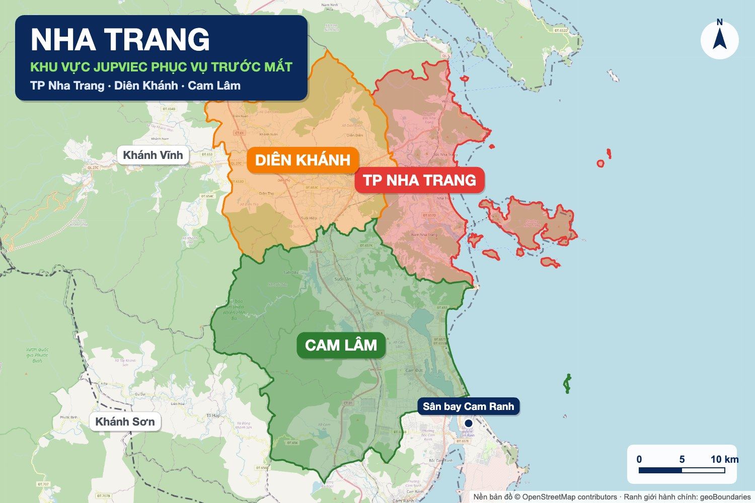 Bản đồ khu vực JupViec phục vụ trước mắt: TP Nha Trang, Diên Khánh, Cam Lâm