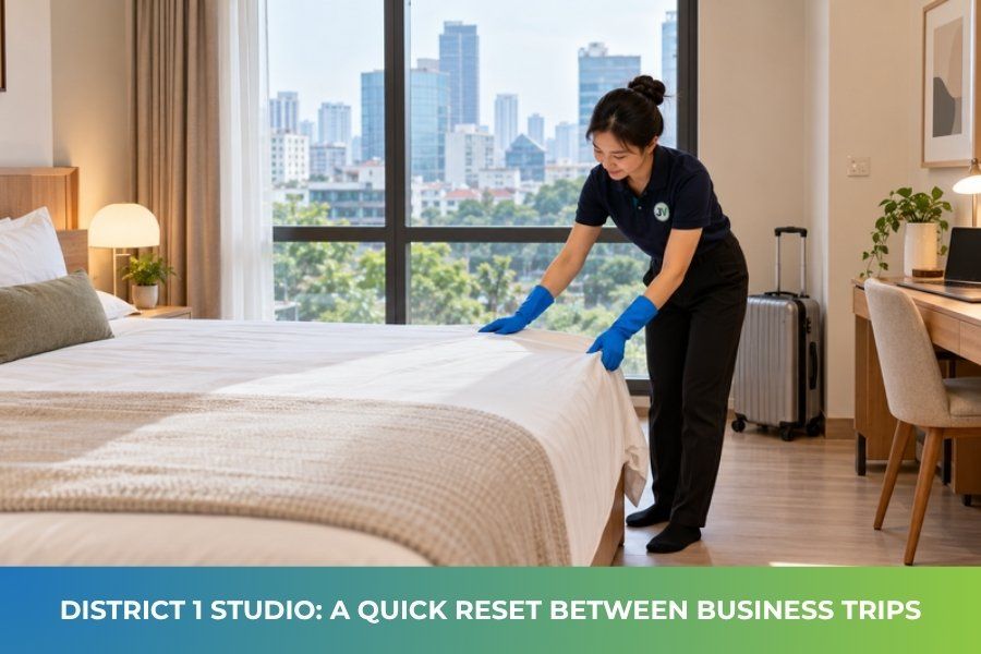 JupViec Partner making the bed in a District 1 studio apartment
