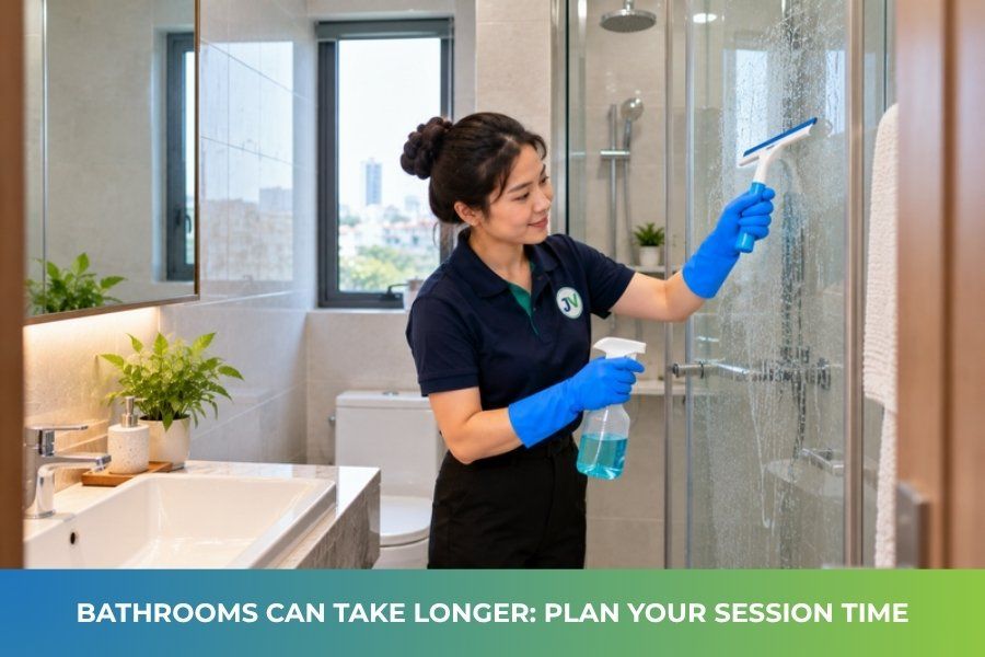 JupViec Partner cleaning a glass shower screen in a Hanoi studio apartment