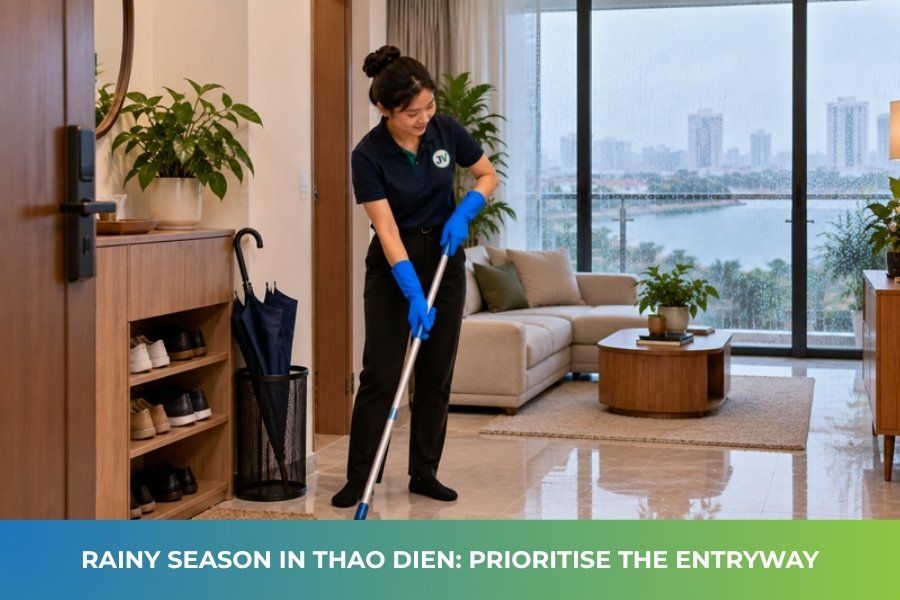 JupViec Partner mopping the entryway of a Thao Dien apartment on a rainy day