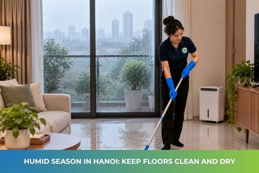 JupViec Partner drying the floor of a Hanoi apartment during the humid season