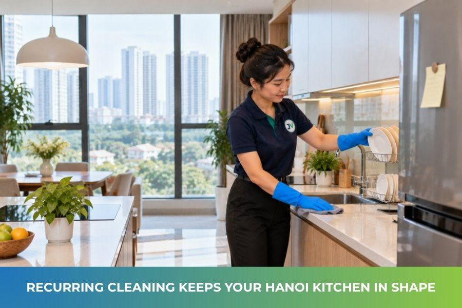 JupViec Partner wiping a kitchen counter in a Hanoi apartment
