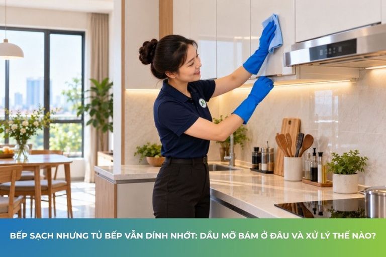 Đối tác JupViec lau tủ bếp dính dầu mỡ