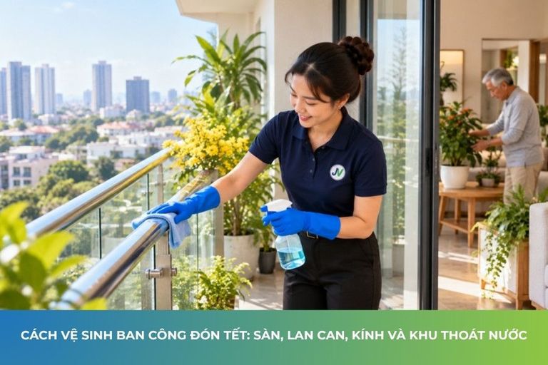 Cách vệ sinh ban công đón Tết: Sàn, lan can, kính và khu thoát nước