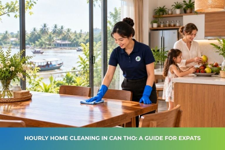 JupViec Partner cleaning a dining table in Can Tho