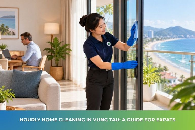 JupViec Partner cleaning glass doors in Vung Tau