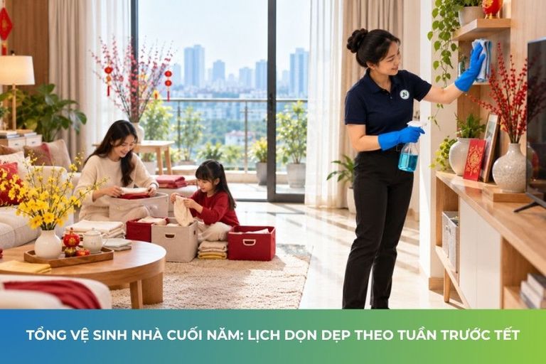 Đối tác JupViec lau kệ phòng khách chuẩn bị Tết