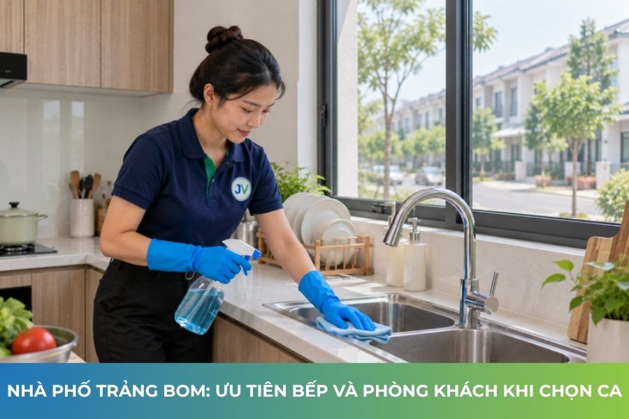 Đối tác JupViec lau bồn rửa và mặt bếp tại nhà phố liền kề ở Trảng Bom
