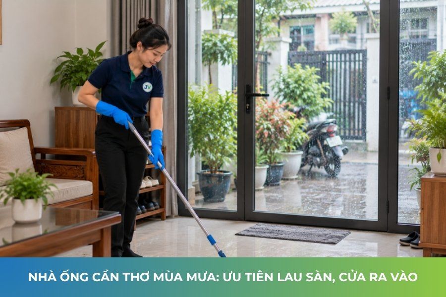 Đối tác JupViec lau sàn khu cửa ra vào nhà ống ở Cần Thơ ngày mưa