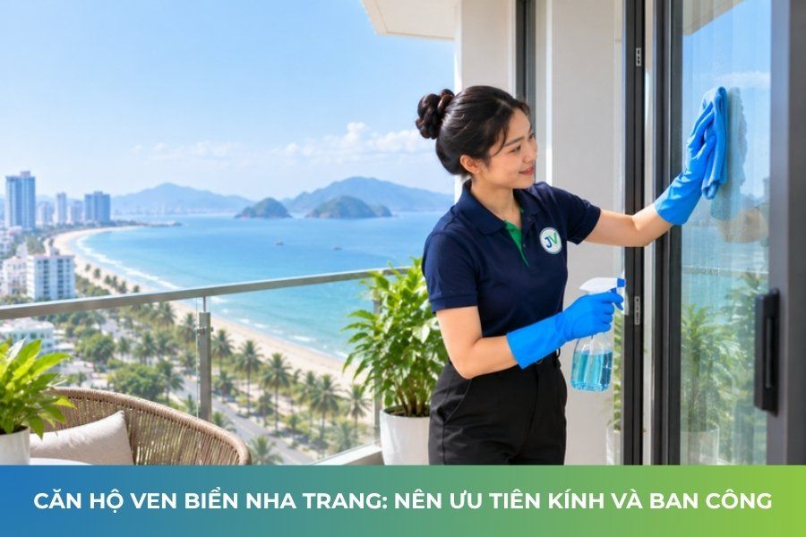 Đối tác JupViec lau cửa kính ban công căn hộ ven biển Nha Trang
