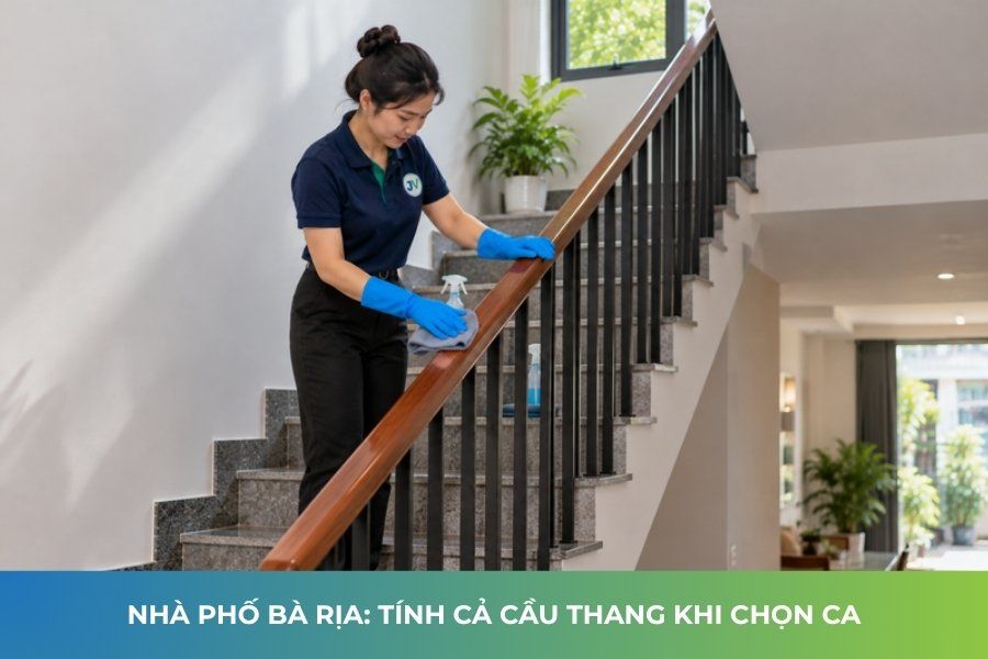 Đối tác JupViec lau tay vịn cầu thang nhà phố ở Bà Rịa